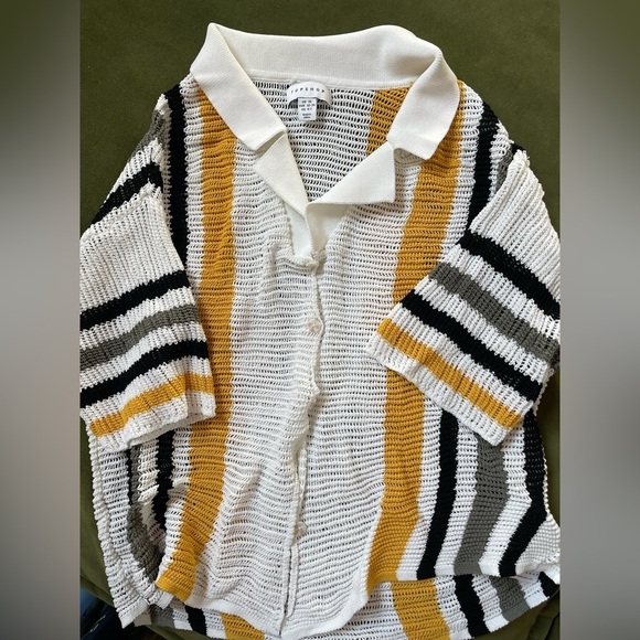 Striped Open Stitch Knit Cover-Up Button Down Polo Sweater Top - Picture 2 of 3